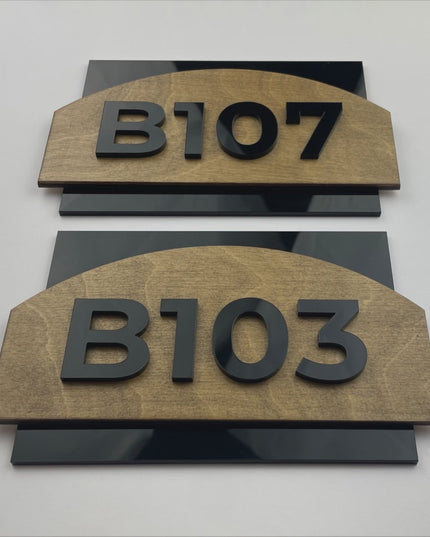 Modern apartment door number sign by ALUMADESIGNCO made from birch wood and acrylic numbers, premium hotel room number plaque for contemporary interiors