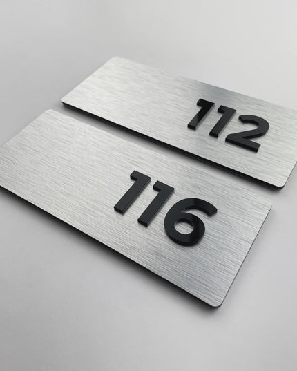 Modern Classic Design apartment room number plaque by ALUMADESIGNCO combining sleek materials and acrylic numbers, stylish door signage for apartments and hotels