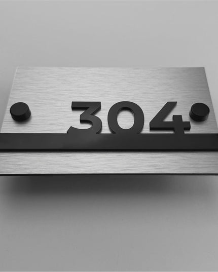 Modern Horizon hotel wall number plaque by ALUMADESIGNCO featuring standoff mounting hardware and raised acrylic numbers, stylish signage for hotel corridors and apartments