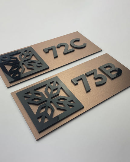 ALUMADESIGNCO Mosaic brushed bronze hotel door number plaque with acrylic numbers, modern signage for hotels, Airbnb properties, and residential interiors