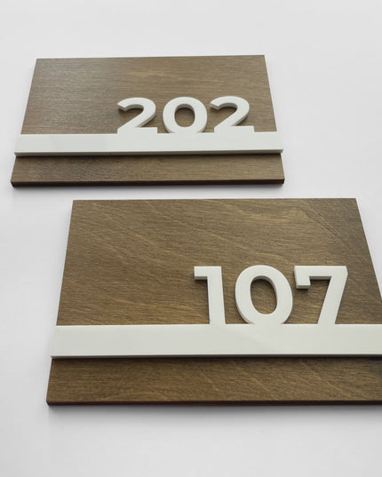 ALUMADESIGNCO Horizon wooden door number plaque with 3D glossy white acrylic numbers, modern signage for hotels, offices, and residential interiors
