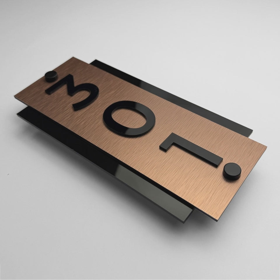 ALUMADESIGNCO brushed bronze and acrylic vertical hotel room number sign with standoff mounting, premium door number plaque for hotels, Airbnb properties, and offices