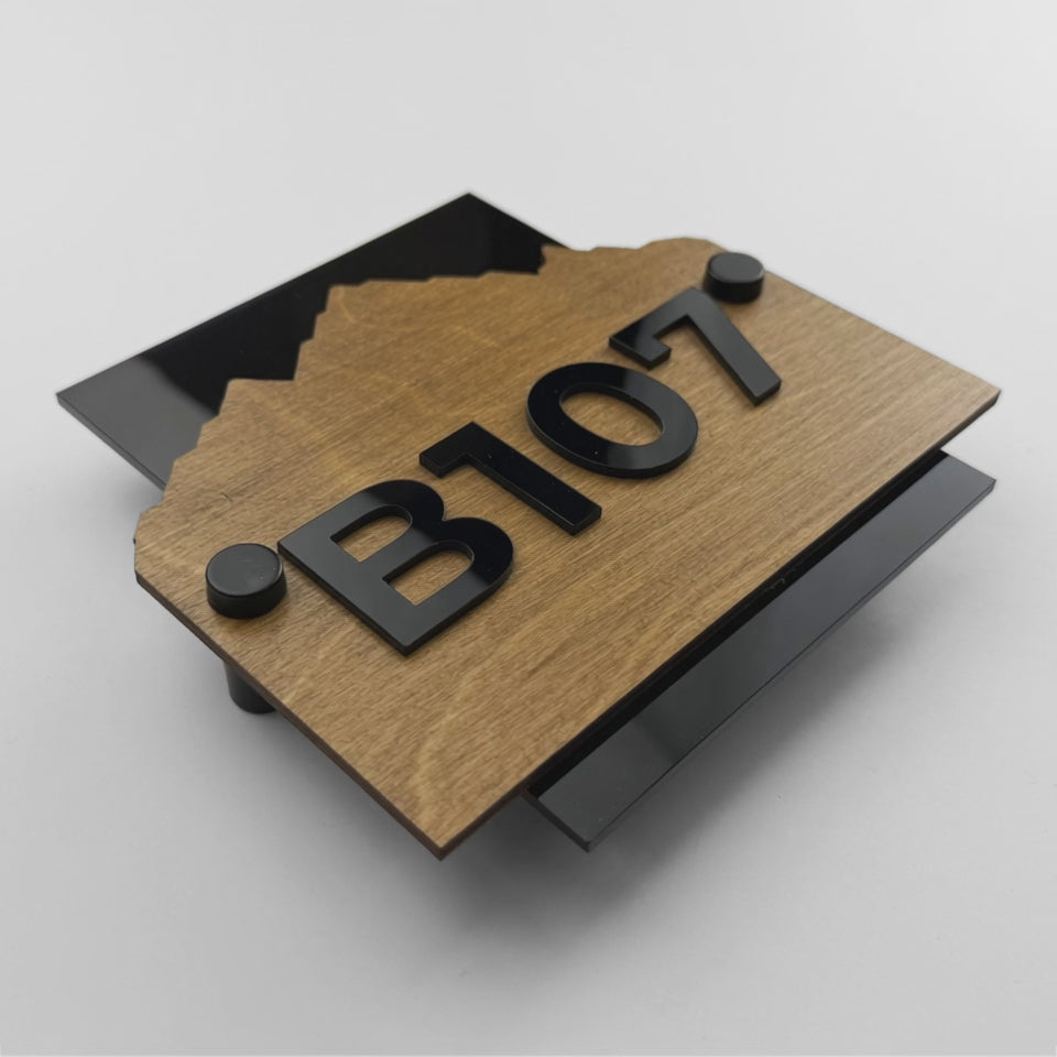 ALUMADESIGNCO Alpine Design wooden hotel room number sign with standoff wall mounting, modern door number plaque for hotels, offices, and residential buildings