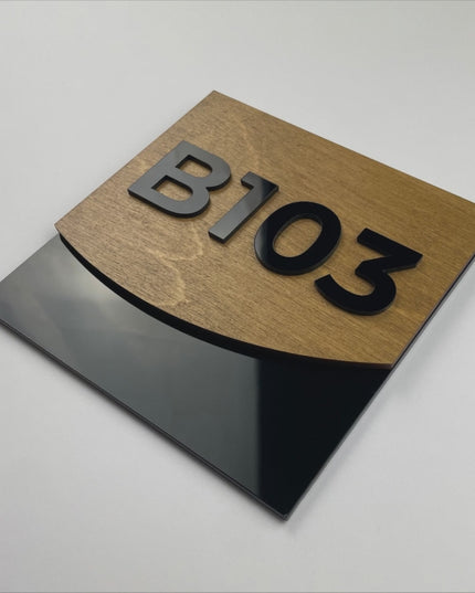 ALUMADESIGNCO Flow Design premium wood and acrylic room number sign with minimalist style, modern door signage for hotels, apartments, and offices
