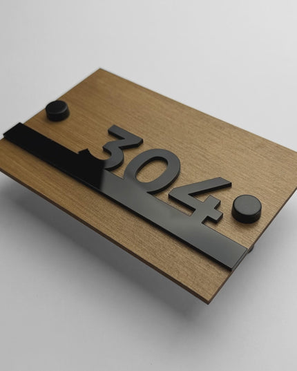ALUMADESIGNCO Horizon wooden apartment wall number sign with standoff mounting and 3D acrylic numbers, modern door signage for apartments, Airbnb properties, and offices