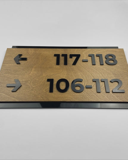 ALUMADESIGNCO video with birch wood wayfinding sign with elegant modern style, directional signage for offices, hotels, apartments, and interior spaces