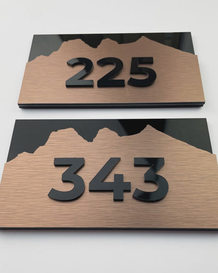 Premium Alpine brushed bronze room number sign by ALUMADESIGNCO featuring raised acrylic numbers, modern door signage for hotels, offices, and apartments