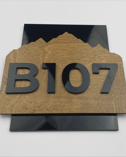 Premium Alpine custom wooden hotel room number sign by ALUMADESIGNCO featuring natural wood base and acrylic numbers, modern door signage for hotels and apartments