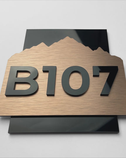 Modern luxury bronze hotel door number plaque Alpine Design by ALUMADESIGNCO, stylish signage for hotel corridors and apartment buildings