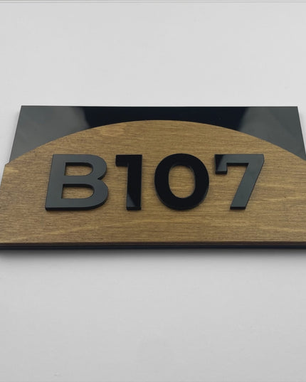 Premium Flow birch plywood room number plaque by ALUMADESIGNCO with acrylic glass numbers, modern hotel room signage and apartment numbering
