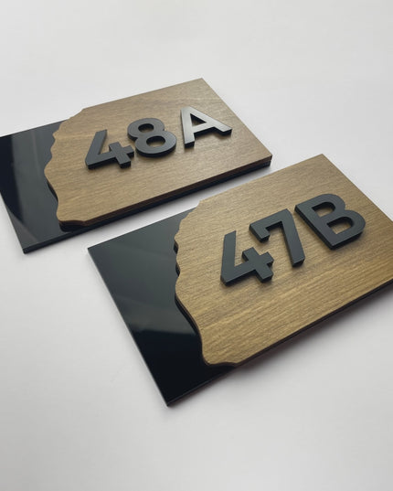 ALUMADESIGNCO Fusion acrylic and wood apartment door number plaque with minimalist modern design, premium signage for residential buildings and offices
