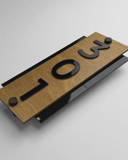 ALUMADESIGNCO vertical wood and acrylic hotel room number sign with metal standoff mounting, modern Scandinavian door signage for boutique hotels, apartments, and hospitality interiors
