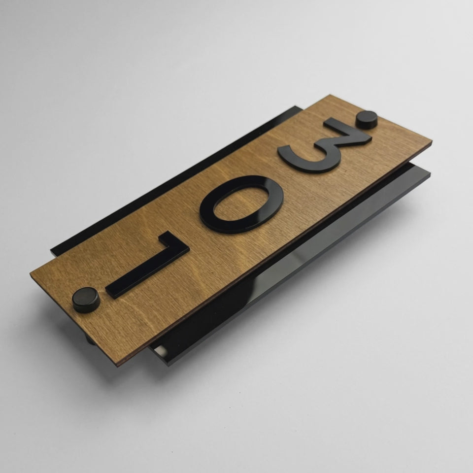 ALUMADESIGNCO vertical wood and acrylic hotel room number sign with metal standoff mounting, modern Scandinavian door signage for boutique hotels, apartments, and hospitality interiors