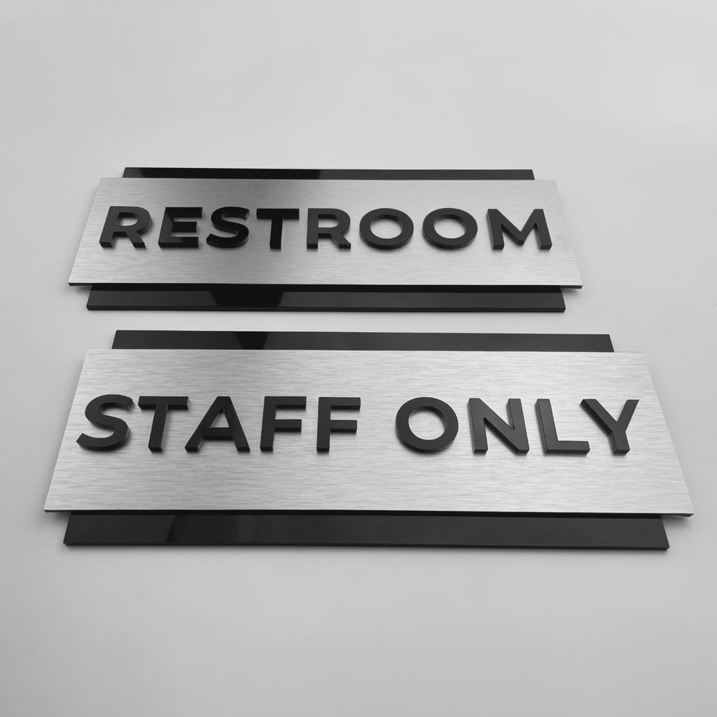 ALUMADESIGNCO brushed silver door sign with black acrylic lettering, custom signage for staff only rooms, offices, restrooms, and commercial spaces