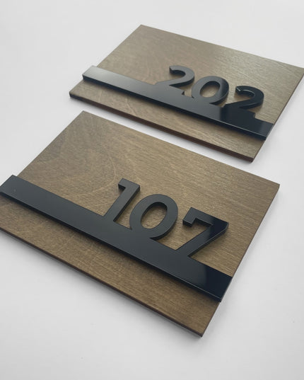 Premium Horizon wooden door number plaque by ALUMADESIGNCO with 3D glossy black acrylic numbers, modern apartment and hotel room signage