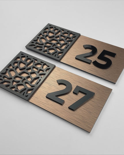 Premium designer door number sign by ALUMADESIGNCO featuring brushed bronze plaque and acrylic glass numbers, elegant door signage for hotels and apartments