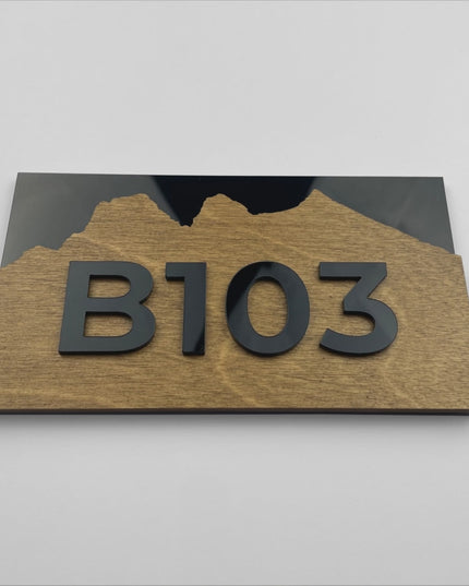 ALUMADESIGNCO Alpine birch plywood door number plaque with black acrylic glass numbers, modern signage for apartments, offices, and residential buildings