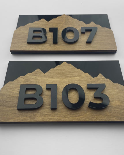Premium Alpine Design apartment number plaque by ALUMADESIGNCO featuring wood and acrylic materials, modern door signage for apartments, hotels, and offices