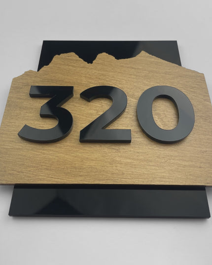 Premium Alpine Design wood door number sign by ALUMADESIGNCO featuring natural birch plywood and black acrylic glass numbers, Scandinavian style hotel room signage for apartments, offices, and boutique hotels