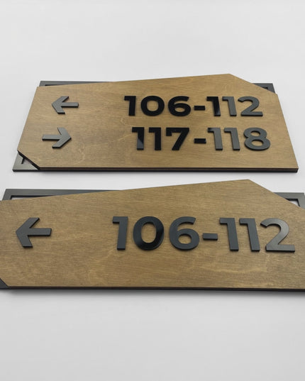 ALUMADESIGNCO birch wood and black acrylic wall wayfinding sign with elegant modern style, personalized directional signage for offices, hotels, apartments, and interior spaces