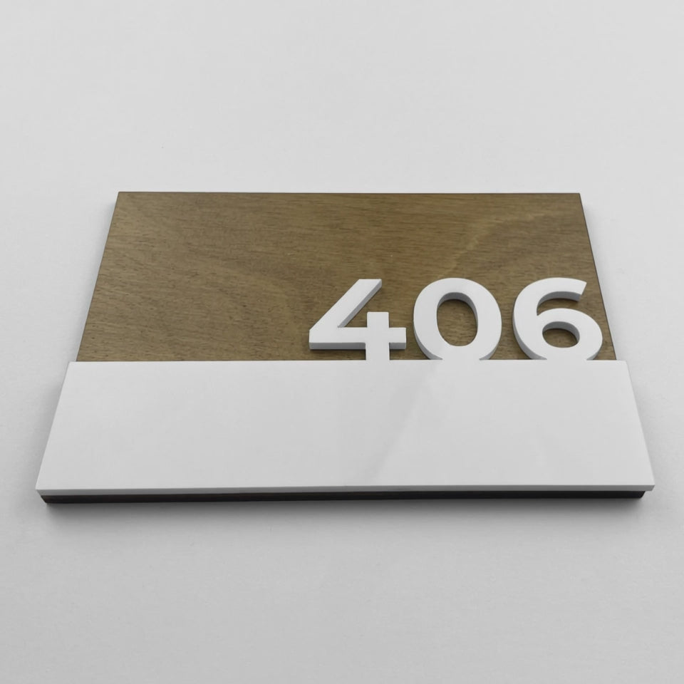 ALUMADESIGNCO Horizon Design birch wood interior door number sign with 3D glossy white acrylic glass numbers, modern signage for hotels, apartments, and Airbnb interiors