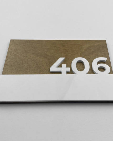 ALUMADESIGNCO Horizon Design birch wood interior door number sign with 3D glossy white acrylic glass numbers, modern signage for hotels, apartments, and Airbnb interiors