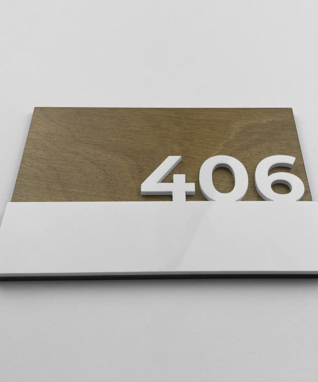 ALUMADESIGNCO Horizon Design birch wood interior door number sign with 3D glossy white acrylic glass numbers, modern signage for hotels, apartments, and Airbnb interiors