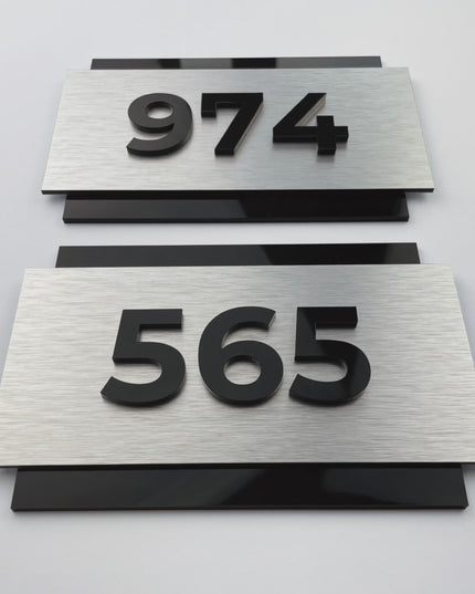 ALUMADESIGNCO brushed metal and acrylic door number plaque with minimalist modern design, stylish signage for hotels, Airbnb properties, and offices