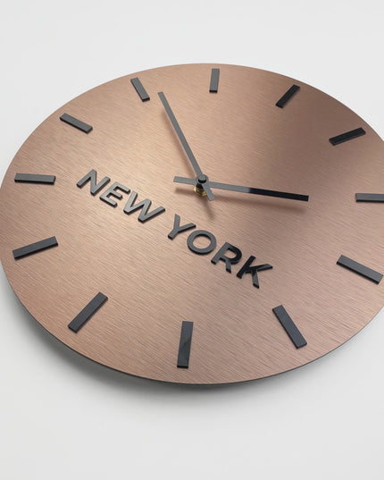 ALUMADESIGNCO bronze multi time zone wall clock with custom city labels, stylish office décor for hotels, conference rooms, corporate interiors, and studios