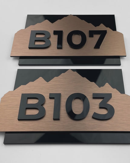 ALUMADESIGNCO Alpine brushed bronze door number plaque with acrylic numbers, modern signage for hotels, offices, and residential interiors