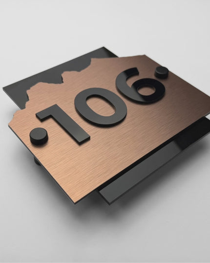 Premium standoff mounted wall number sign in brushed bronze and acrylic Alpine Design by ALUMADESIGNCO for modern hotels, apartments, and office doors