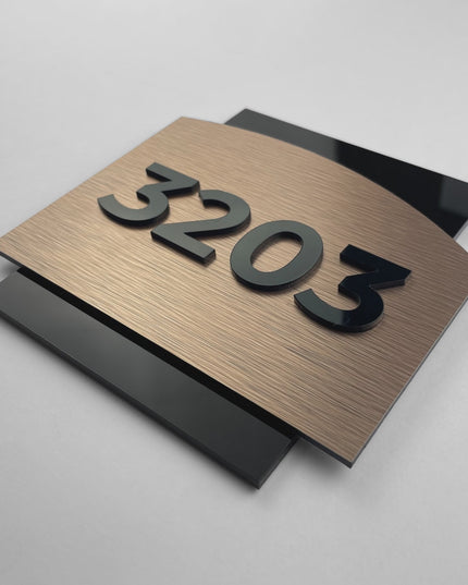 ALUMADESIGNCO bronze hotel door number plaque with acrylic glass numbers, modern luxury signage for hotels, Airbnb properties, and residential buildings