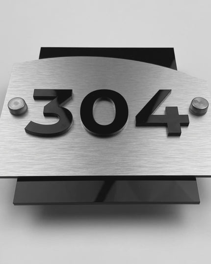 ALUMADESIGNCO brushed silver and acrylic 3D number hotel room sign Flow Design with minimalist modern style, premium door plaque for hospitality interiors