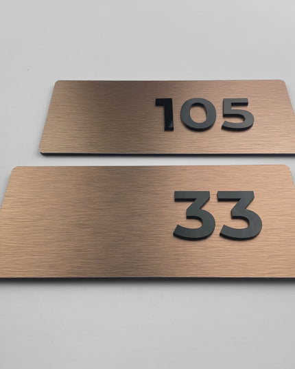 ALUMADESIGNCO Classic brushed bronze apartment door number plaque with acrylic numbers, modern signage for residential buildings, offices, and hospitality interiors