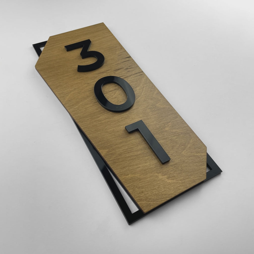 ALUMADESIGNCO vertical wood and acrylic hotel room number sign with minimalist Scandinavian design, elegant door signage for hotel corridors, Airbnb properties, and modern interiors