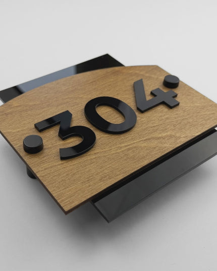 ALUMADESIGNCO Flow Design wood and acrylic standoff wall number sign with modern minimalist style for hotel rooms, apartments, Airbnb properties, and offices