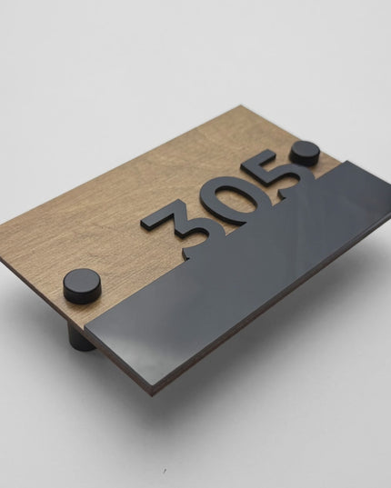 ALUMADESIGNCO Horizon Design wooden standoff apartment door number plaque with raised glossy black acrylic numbers, modern signage for apartments, Airbnb properties, and offices