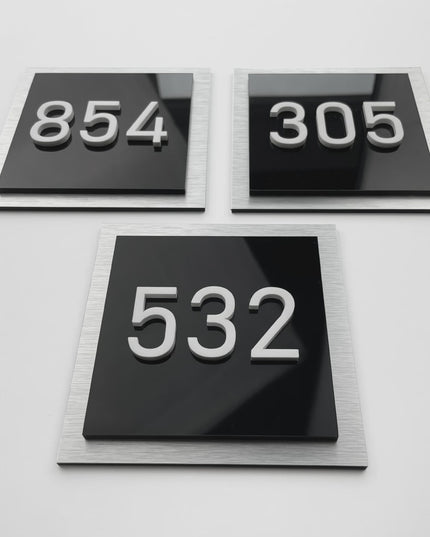 Premium 3D layered apartment door number sign by ALUMADESIGNCO featuring acrylic numbers, modern hotel style signage for apartment doors and interiors