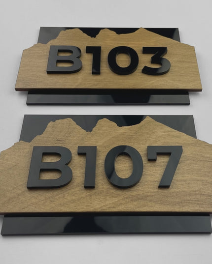 ALUMADESIGNCO birch plywood and acrylic glass hotel room number sign Alpine Design with minimalist modern style, premium door signage for hotels and apartments