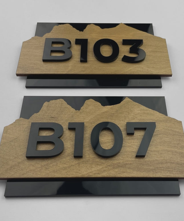 ALUMADESIGNCO birch plywood and acrylic glass hotel room number sign Alpine Design with minimalist modern style, premium door signage for hotels and apartments