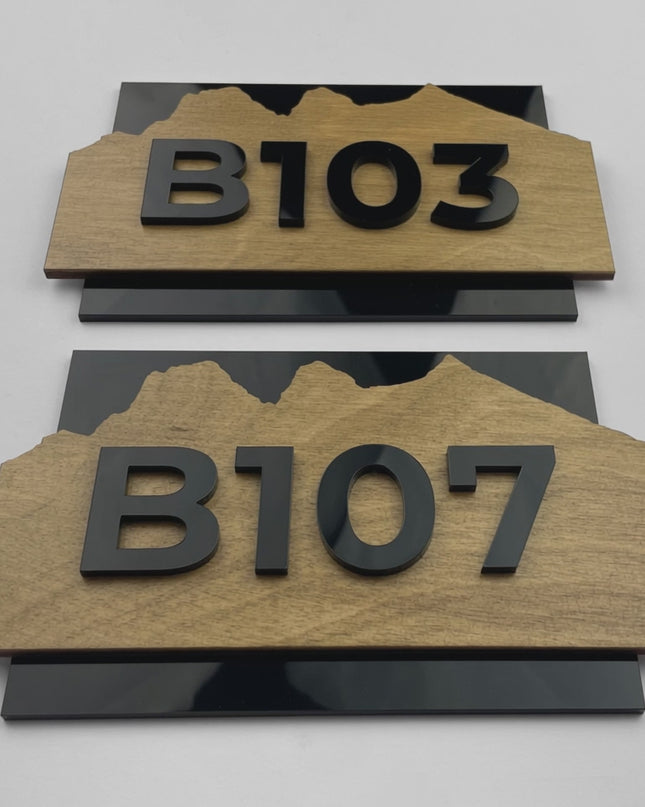 ALUMADESIGNCO birch plywood and acrylic glass hotel room number sign Alpine Design with minimalist modern style, premium door signage for hotels and apartments