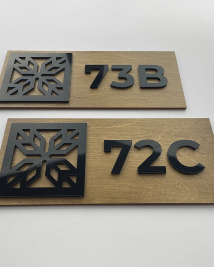 Premium custom room number plaque by ALUMADESIGNCO featuring wood and acrylic materials, modern door signage for hotels, apartments, and offices