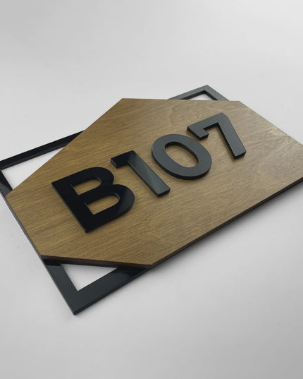 ALUMADESIGNCO birch wood and acrylic condominium door number sign with minimalist modern design, stylish signage for condos, apartments, and office interiors