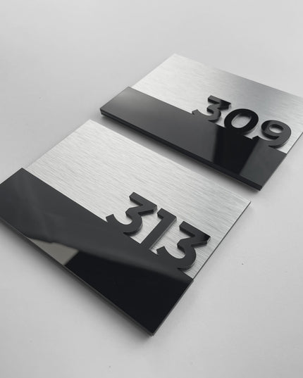 Premium Horizon Design brushed silver door number plaque by ALUMADESIGNCO featuring acrylic numbers, modern signage for hotel corridors and apartment buildings