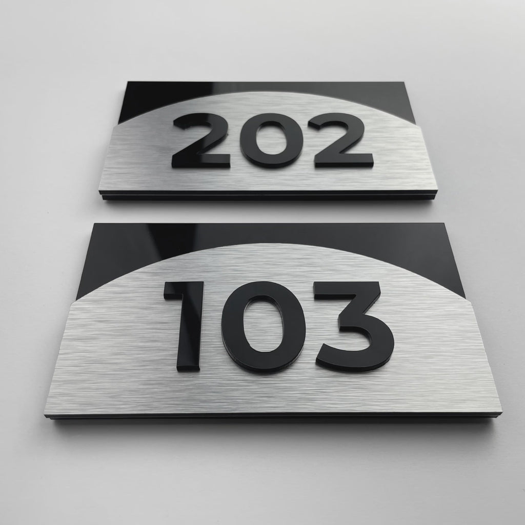 ALUMADESIGNCO Flow Design custom 3D layered room number plaque with minimalist modern style, stylish door signage for hotels, apartments, Airbnb properties, and offices