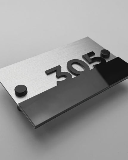 ALUMADESIGNCO Horizon brushed silver standoff wall number plaque with 3D acrylic numbers, modern hotel and apartment unit door signage for contemporary interiors