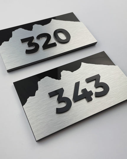 Premium Alpine Design 3D layered hotel room number sign by ALUMADESIGNCO featuring raised numbers, elegant signage for hotel rooms and contemporary interiors