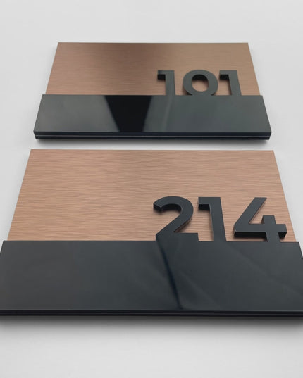Premium brushed bronze suite room number sign by ALUMADESIGNCO featuring acrylic glass numbers, modern door signage for hotels, offices, and apartments