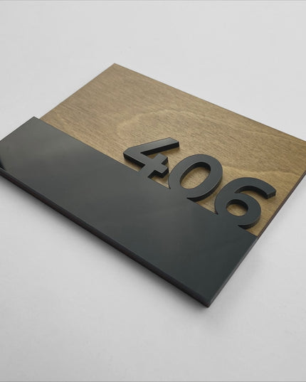 ALUMADESIGNCO Horizon Design wood custom door number sign with raised glossy black acrylic numbers, modern signage for hotels, apartments, and office interiors