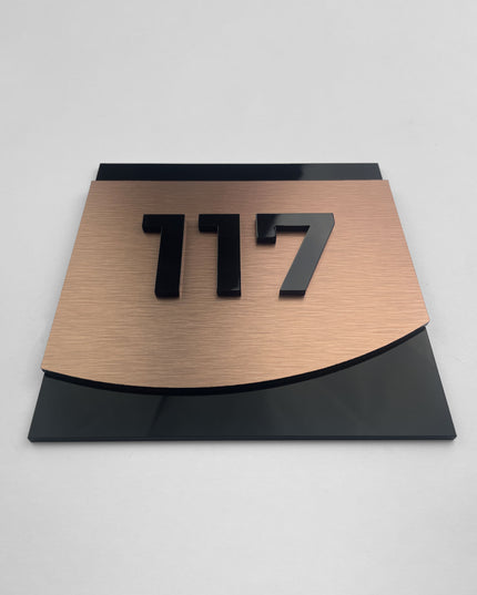 ALUMADESIGNCO bronze hotel door number plaque with 3D layered acrylic numbers, modern signage for hotels, Airbnb properties, and residential buildings
